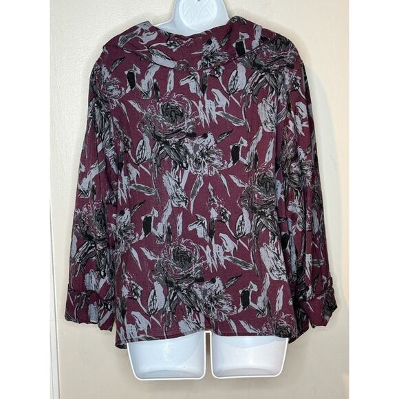 Habitat Boxy Top Size L Maroon Gray Floral Cowl Neck 3/4 Sleeves Relaxed - Picture 2 of 5